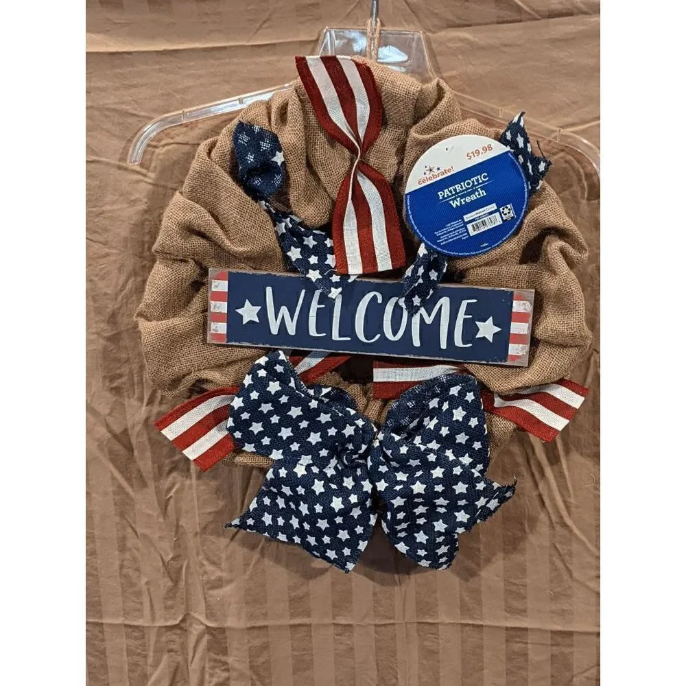 NEW Way to Celebrate Patriotic Burlap Welcome Wreath 18'
